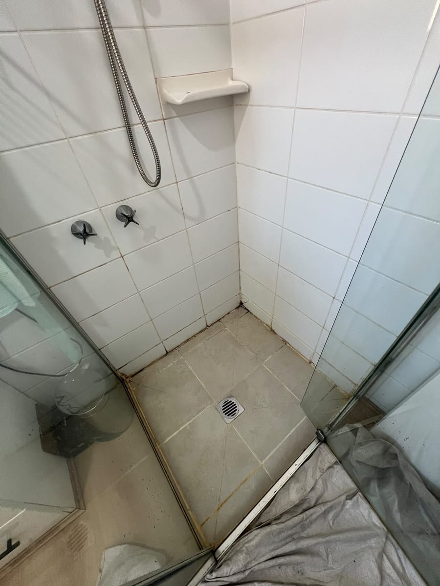 Degraded porous grout joints in shower recess allowing moisture seepage